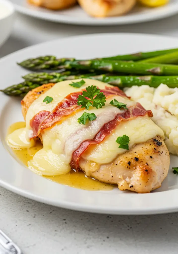 Recipe for chicken modiga with creamy white wine sauce, mushrooms, and melted provolone in a white baking dish
