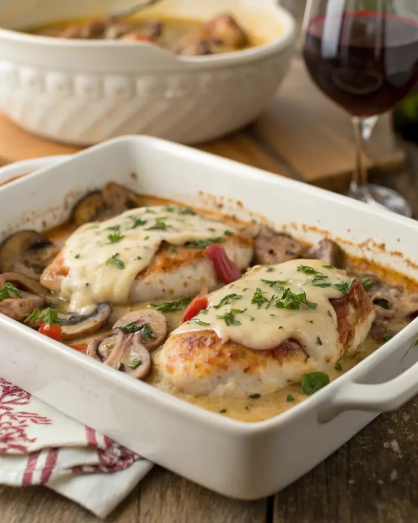 Chicken modiga plated with mashed potatoes and roasted asparagus topped with provolone and prosciutto