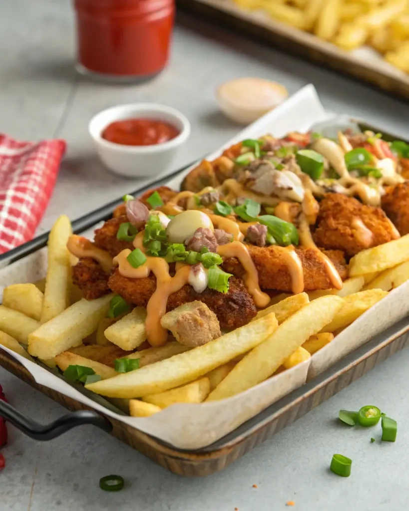 Loaded French fries with crispy chicken nuggets, green onions, and spicy mayo served in a tray