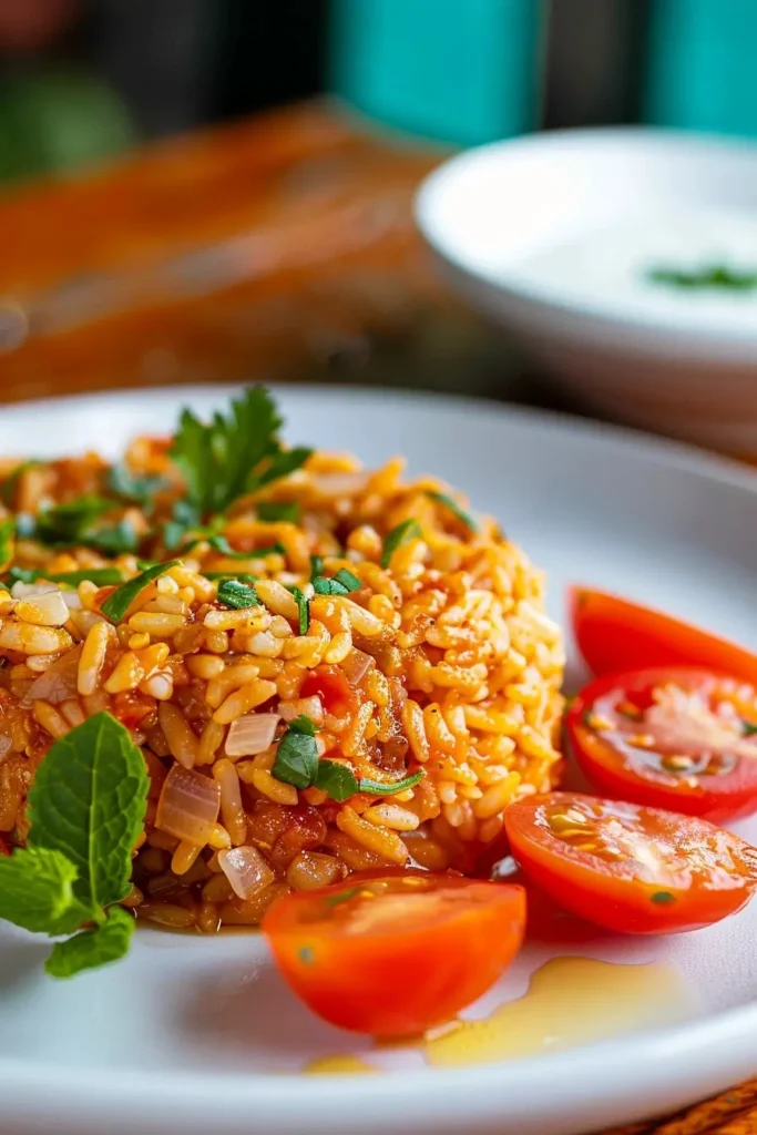 Turkish bulgur wheat pilaf recipe served with parsley, mint, and cherry tomatoes