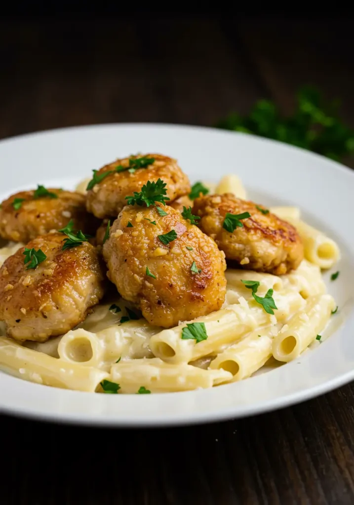 Close-up of crispy garlic chicken bites over fettuccine in creamy parmesan sauce