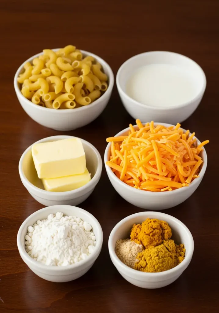 Ingredients for Creamette macaroni and cheese recipe including elbow pasta, cheddar cheese, butter, milk, flour, and dry mustard