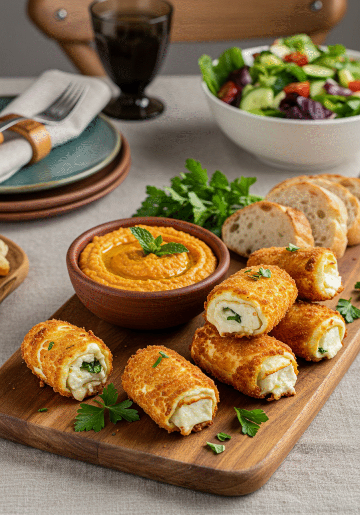 Crispy feta phyllo rolls drizzled with chili honey and served on a wooden board