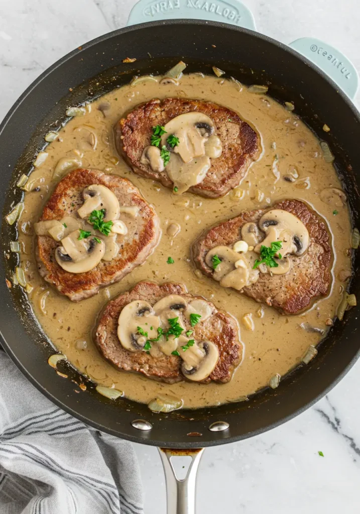 Cube steak simmering in mushroom gravy in a skillet