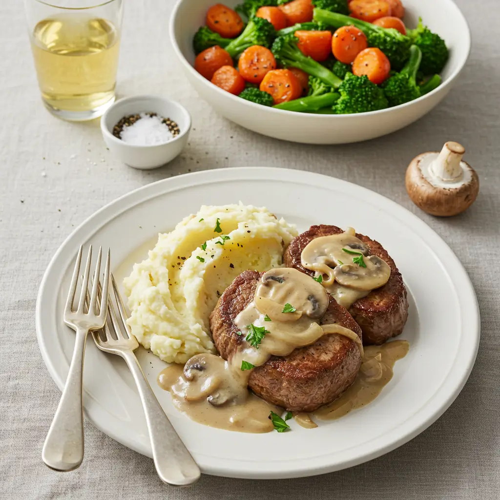 Cube steak with cream of mushroom soup served with mashed potatoes and steamed vegetables