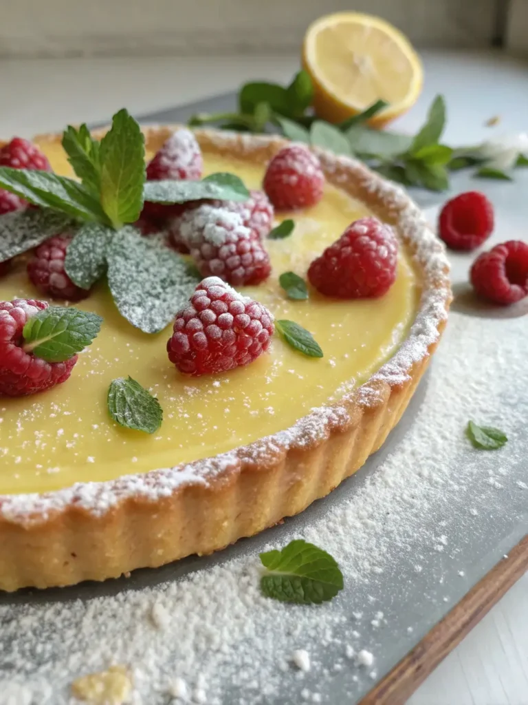 Decorated lemon tart raspberry with mint