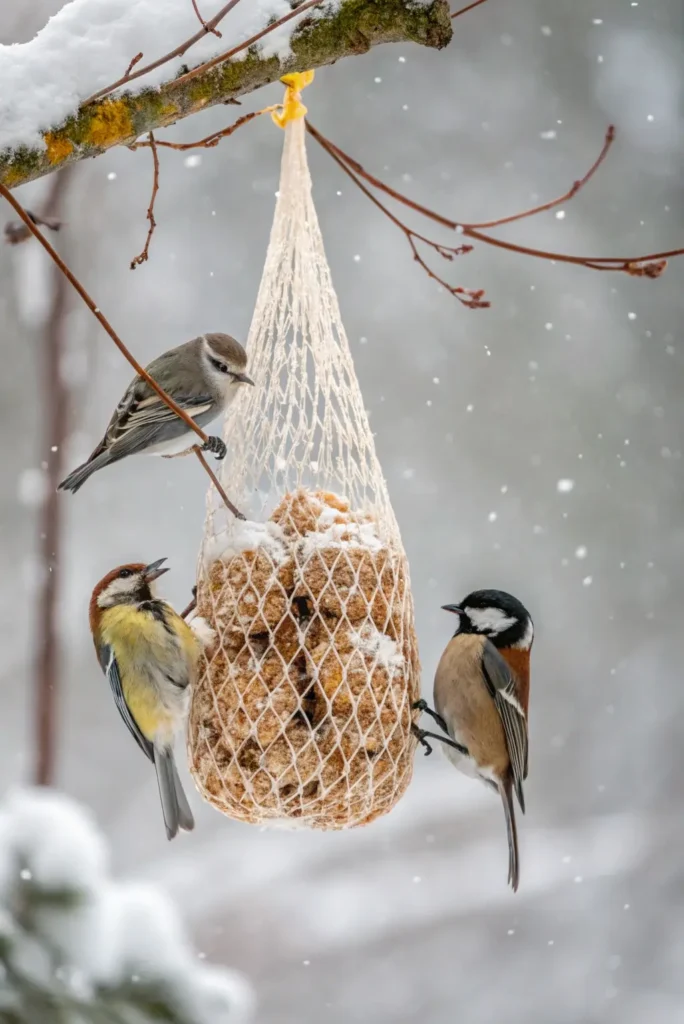 Homemade bird suet recipe in a mesh feeder with birds eating during snowfall