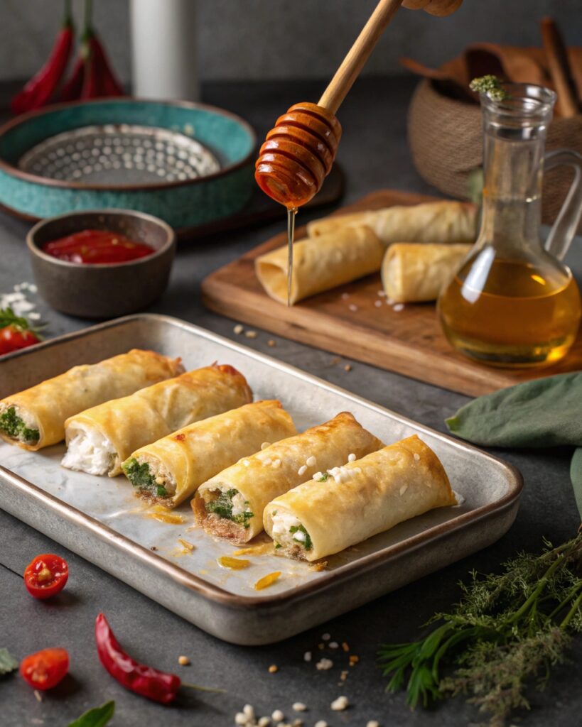 Drizzling chili honey over oven baked feta rolls fresh out of the oven