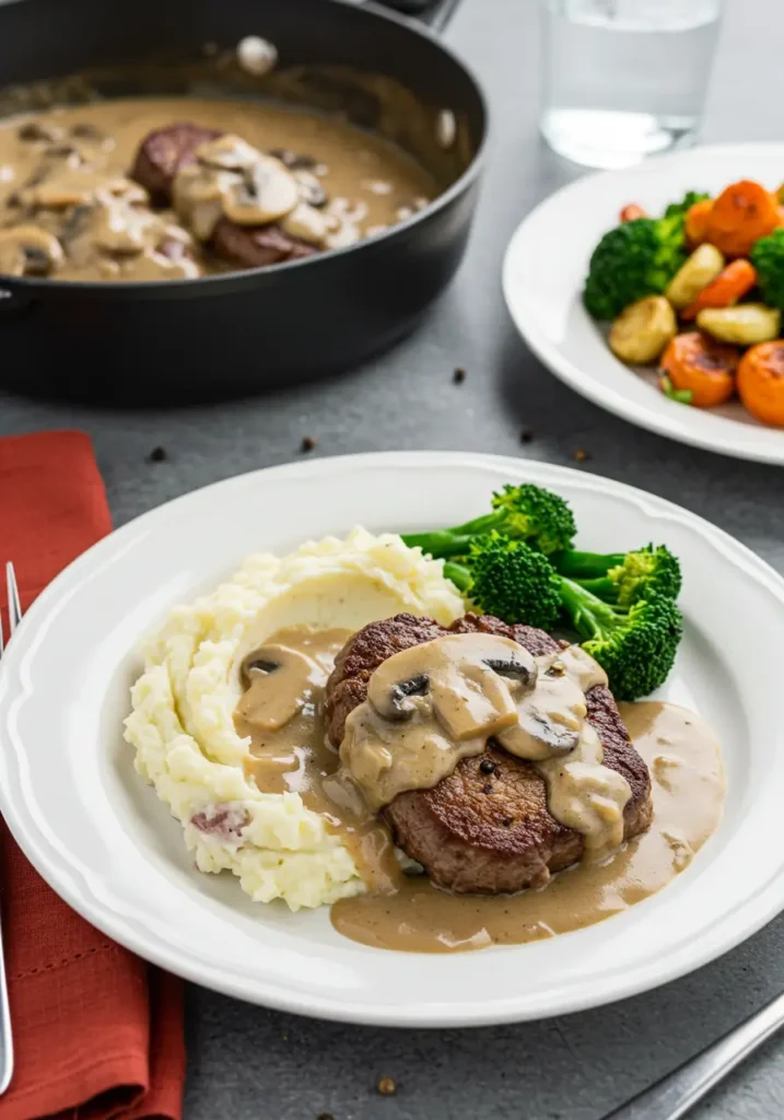 Easy cube steak and mushroom gravy with mashed potatoes and steamed veggies