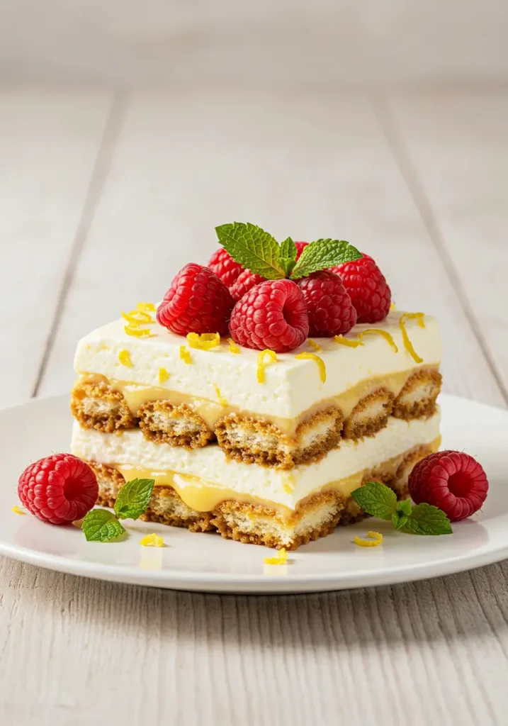 Lemon raspberry tiramisu close-up showing creamy mascarpone layers with raspberries and lemon