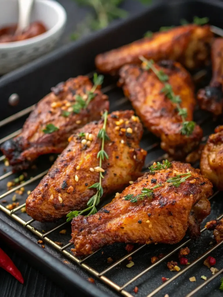 Crispy smoked chicken wings with garlic rub on rack