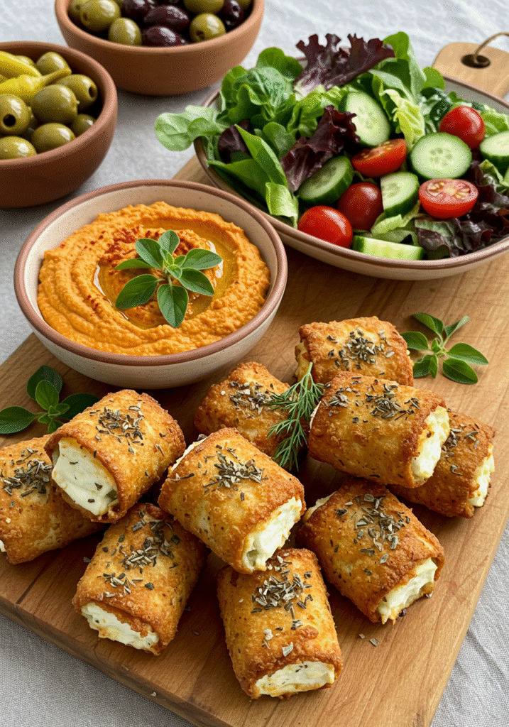Herbed oven fried feta rolls served with salad, olives, and red pepper hummus