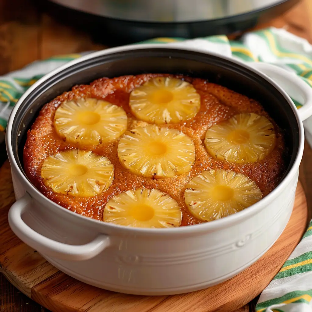 Fully baked Crockpot pineapple upside down cake with golden pineapple rings arranged neatly in a slow cooker.