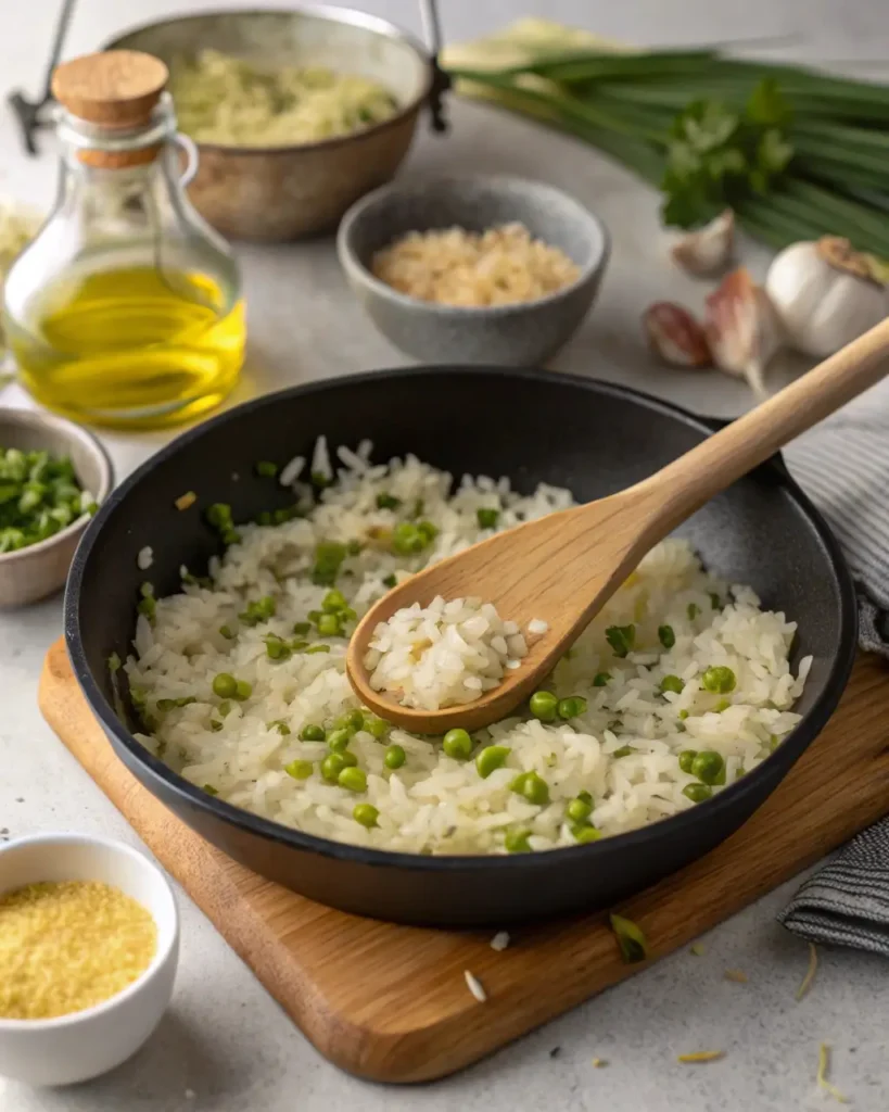 Gluten free rice pilaf with carrots and herbs served warm in a rustic bowl