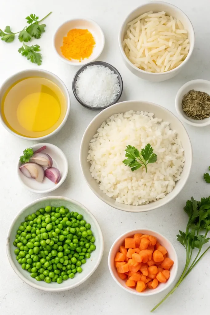 Ingredients for gluten free rice pilaf laid out in bowls including rice, peas, garlic, oil, and herbs