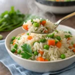 Spoonful of gluten free rice pilaf with carrots and parsley lifted from bowl