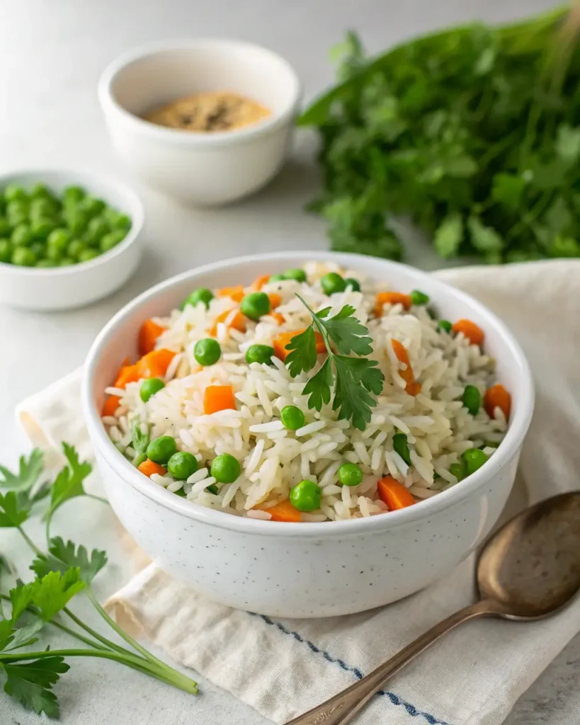 Serving suggestion for gluten free rice pilaf with peas, carrots, and parsley in a white ceramic bowl