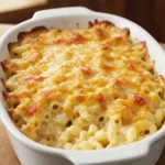 Close-up of Creamette elbow macaroni and cheese with browned cheese on top in a white baking dish
