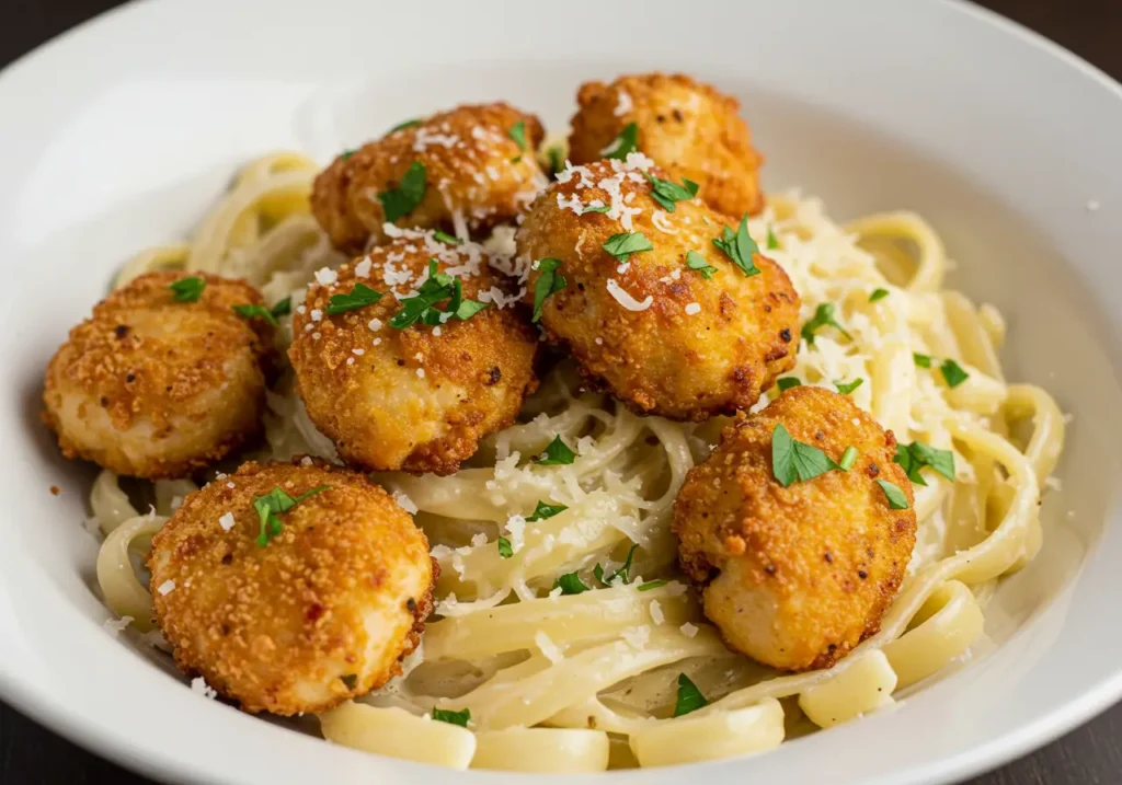 Golden garlic chicken bites over creamy parmesan pasta garnished with parsley in a white plate