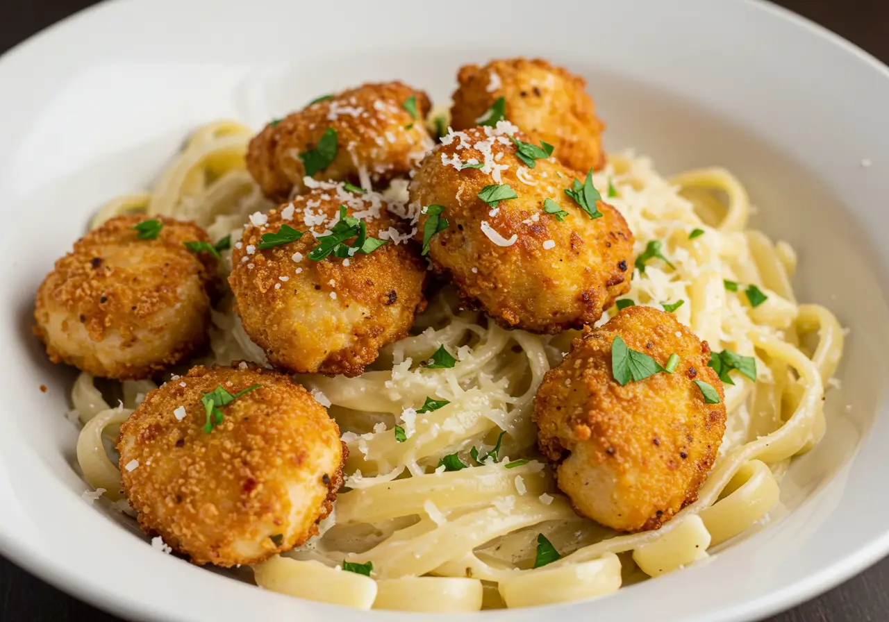 Golden Garlic Chicken Bites Over Creamy Parmesan Pasta