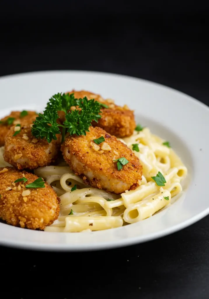 Golden garlic chicken bites over creamy parmesan pasta garnished with parsley on a white plate
