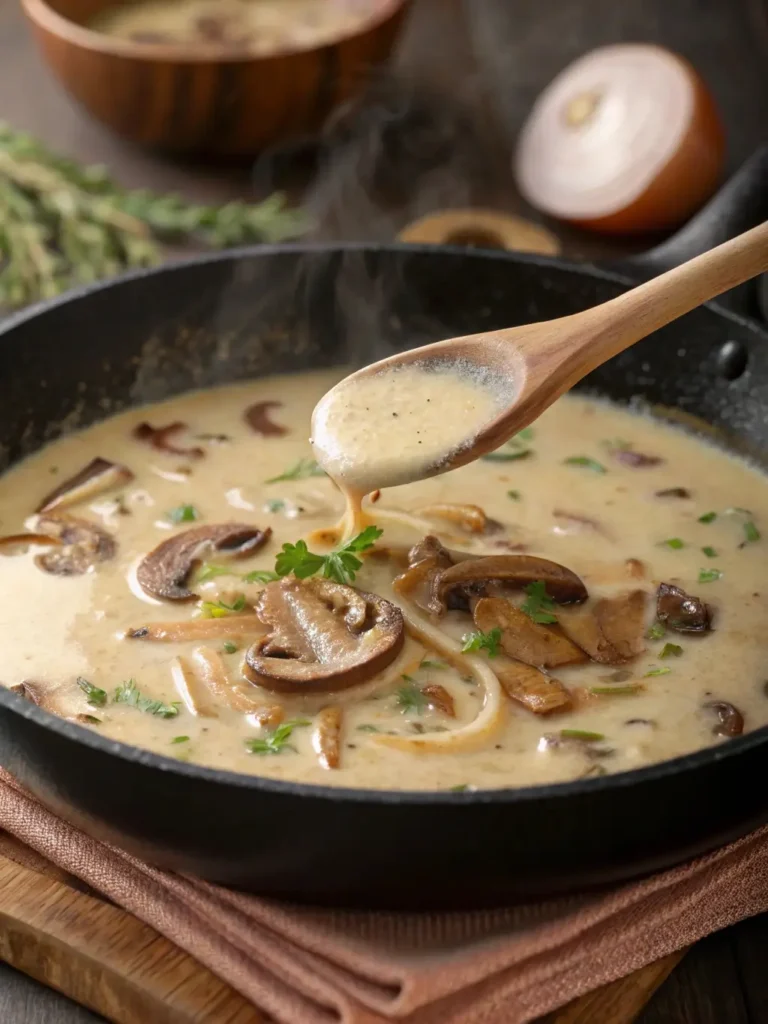 Homemade cream of mushroom sauce with sliced mushrooms in skillet