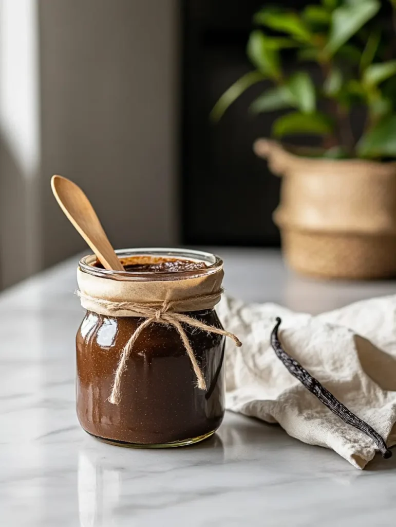 Glass jar of vanilla paste tied with string beside whole vanilla bean on marble counter