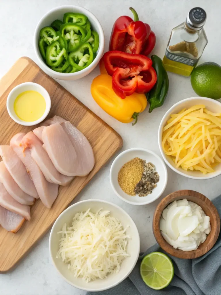 Ingredients for cheesy chicken fajita bake on a wooden board