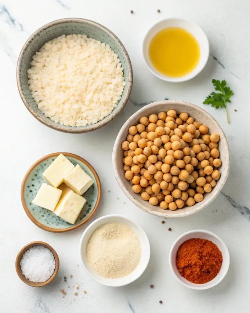 Ingredients for nohutlu pilav including rice, chickpeas, butter, olive oil, spices, and salt