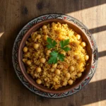 Steaming plate of nohutlu pilav Turkish rice with chickpeas and parsley