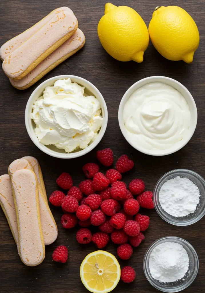 Flat lay of ingredients for lemon raspberry tiramisu: mascarpone, raspberries, lemons, ladyfingers