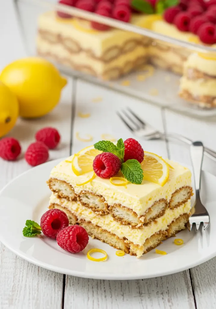 Plated lemon raspberry tiramisu slice with layered mascarpone and raspberry cream