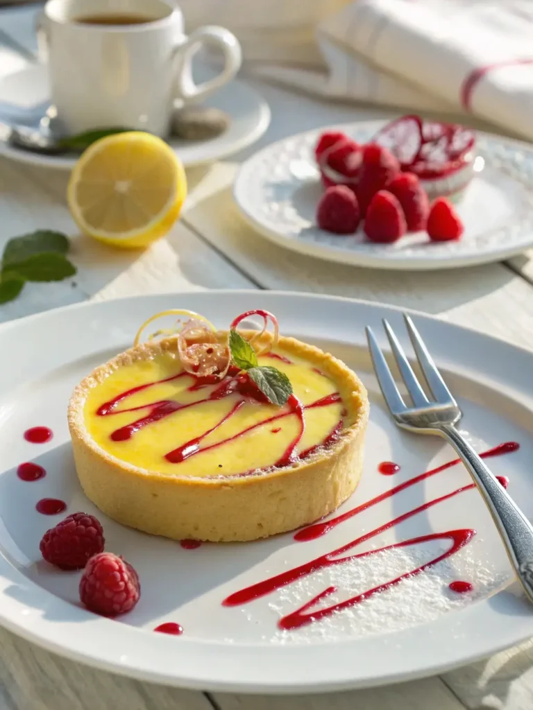 Lemon tart with raspberry coulis drizzle