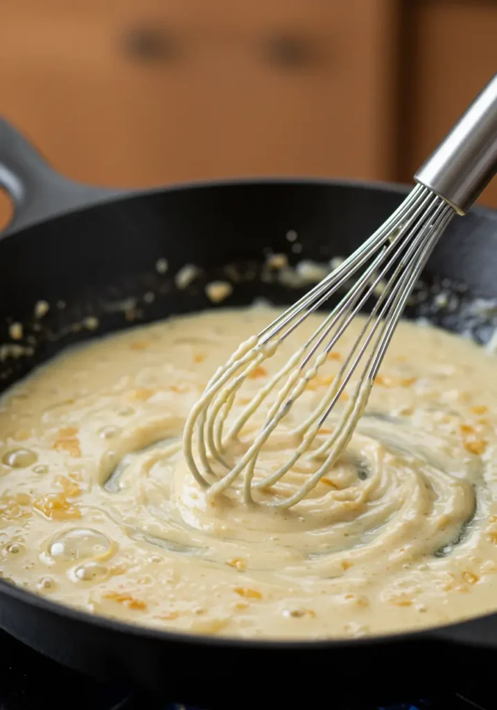 Whisk stirring creamy garlic parmesan sauce in black skillet