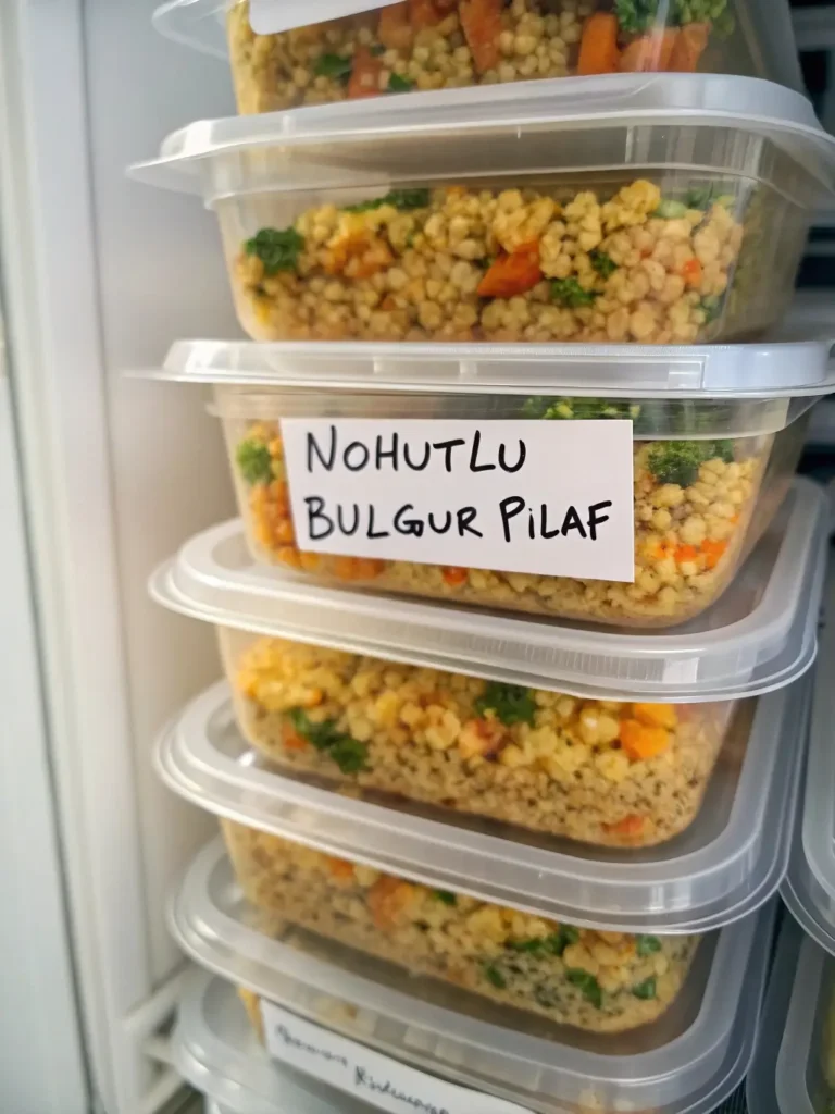 Meal prep containers with chickpea bulgur pilaf