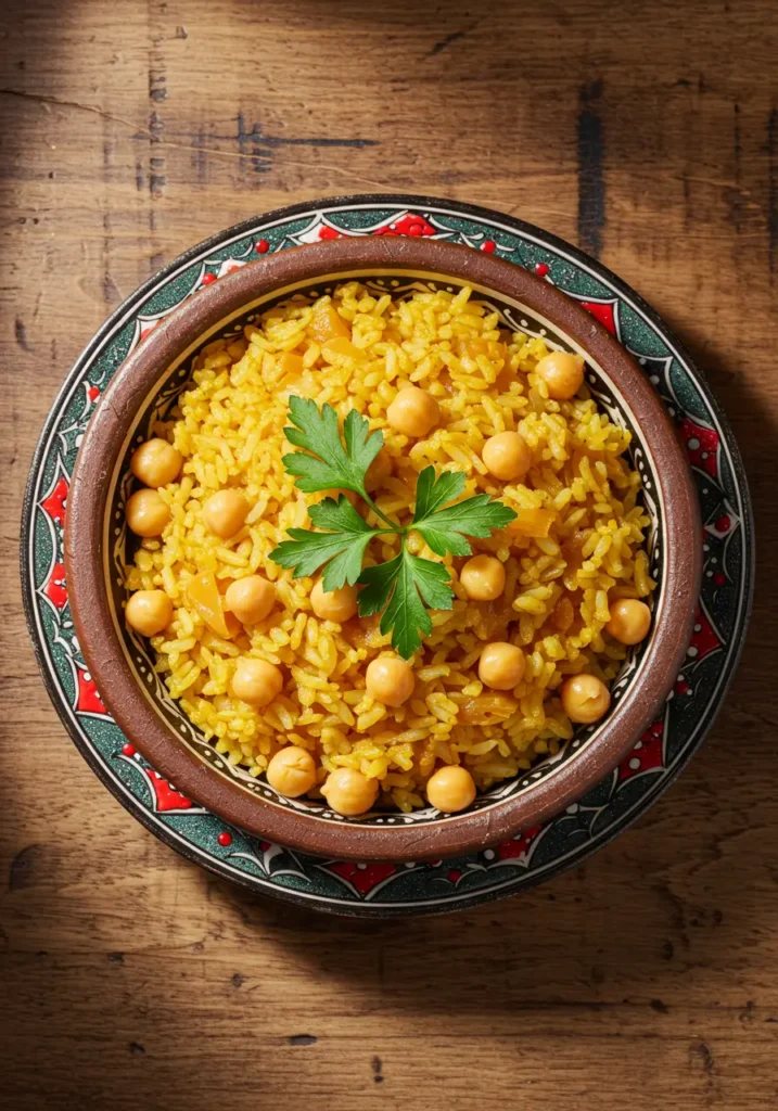 Nohutlu pilav served in a traditional Turkish bowl with chickpeas and parsley on rustic wood