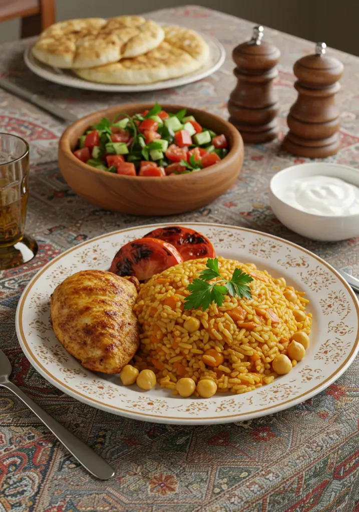 Nohutlu pilav plate served with grilled chicken, Turkish salad, yogurt, and flatbread