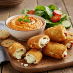 Hot oven fried feta rolls with chili honey and creamy cheese center served with spicy dip