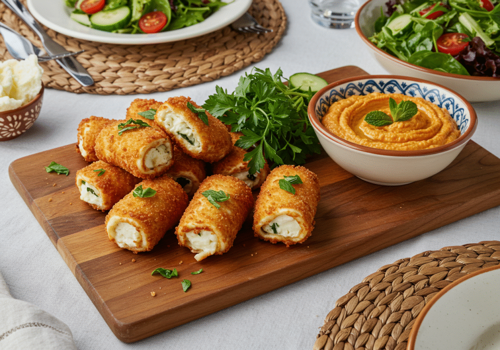 Oven fried feta rolls with chili honey served with red pepper dip and fresh salad, Easy Recipe Step by Step
