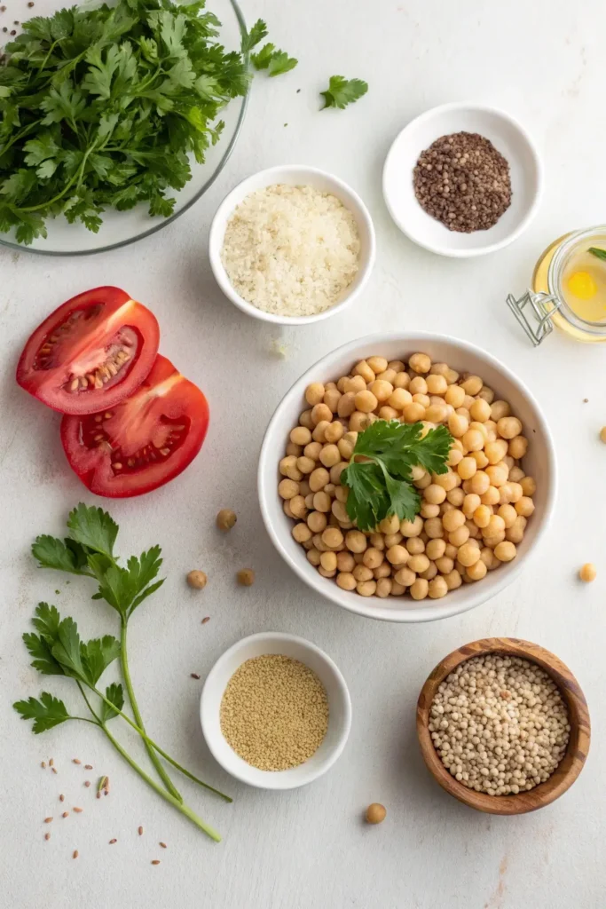 Ingredients for recipe for bulgur pilaf including chickpeas, bulgur wheat, tomato, parsley, and spices