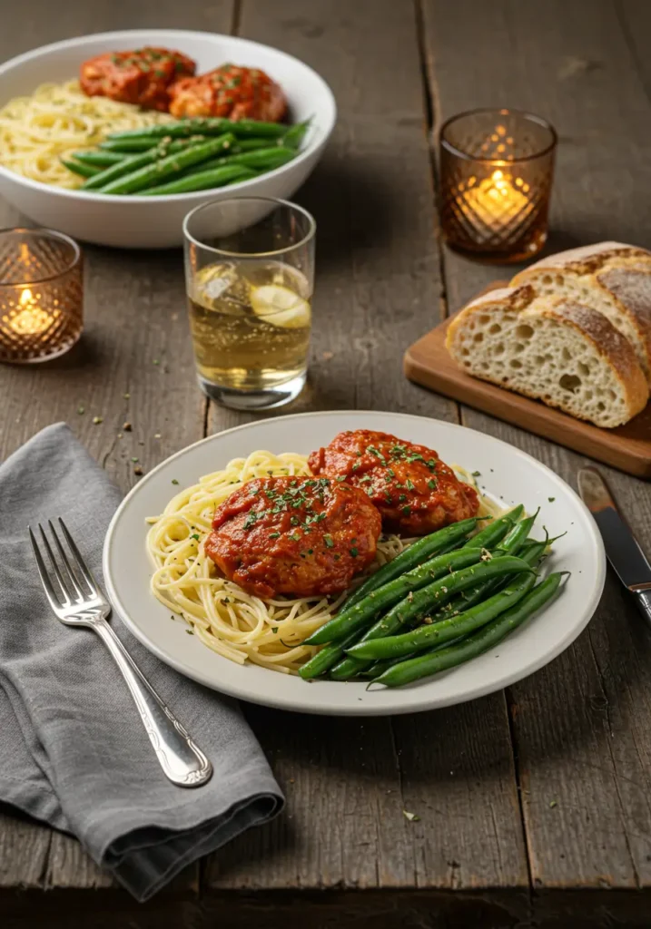 Dinner table with chicken modiga, green beans, and pasta with bread and white wine