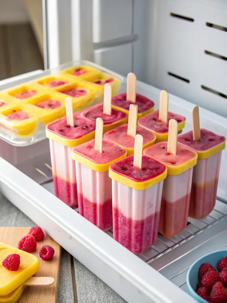Popsicle molds filled with raspberry lemon breeze being placed in freezer