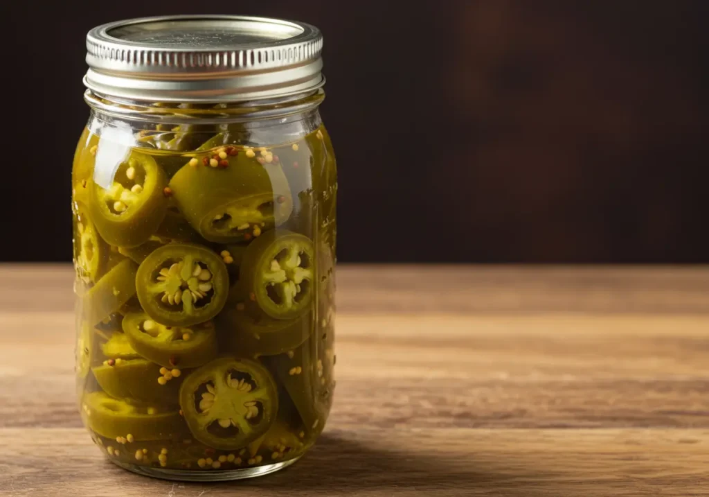 Recipe for bread and butter jalapeno peppers in a mason jar with mustard seeds and red onions on a marble counter