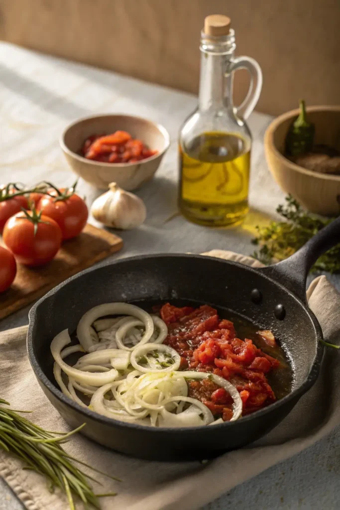 Tomato and onion base cooking in olive oil for Mediterranean bulgur pilaf recipe