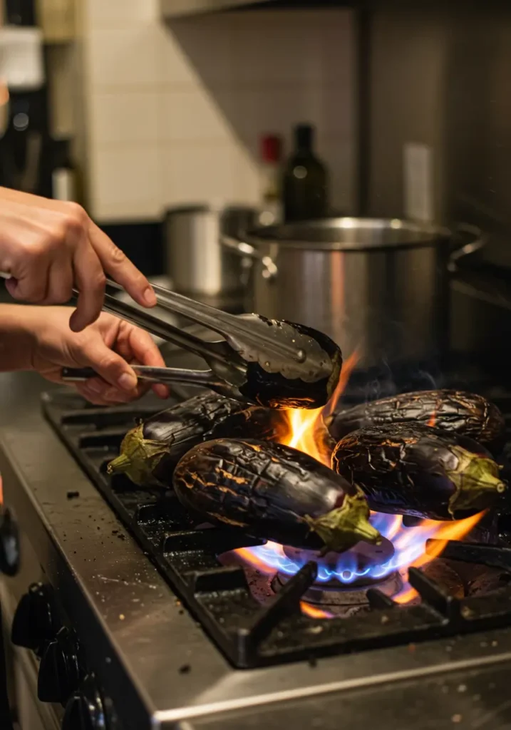Roasting eggplants on a gas stove flame for Turkish eggplant dip preparation