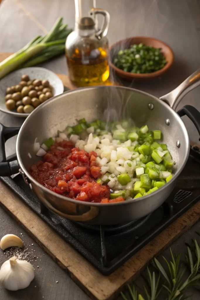 Sautéing green pepper, chopped onions, and tomatoes in olive oil for Turkish bulgur wheat pilaf