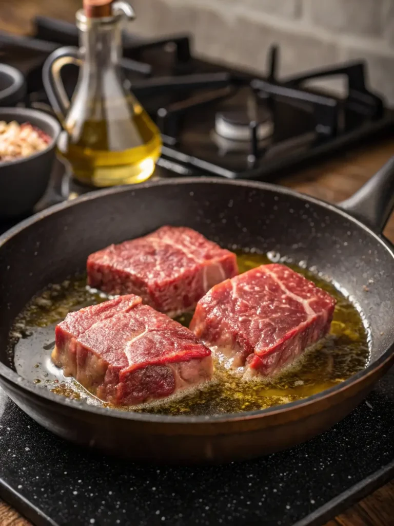 Raw cube steaks being seared in oil for a mushroom gravy recipe