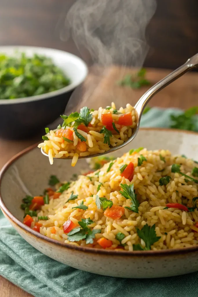 Steaming gluten free rice pilaf with turmeric, carrots, and parsley