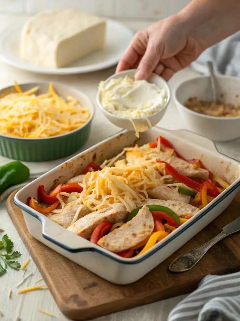 Layering shredded cheese over a cheesy chicken fajita bake before baking