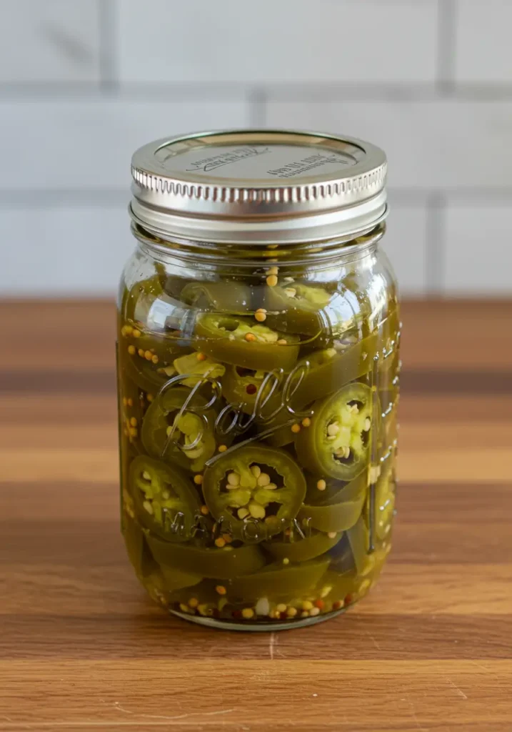Homemade bread and butter jalapeno peppers preserved in a sealed mason jar on wooden counter